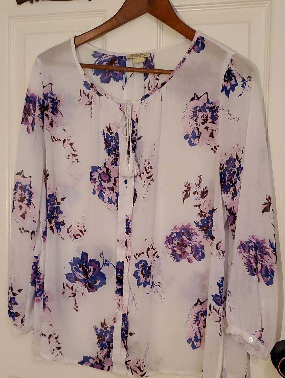 Lucky Brand Sheer Floral Tassel-Tie Blouse in White, Purple & Blue